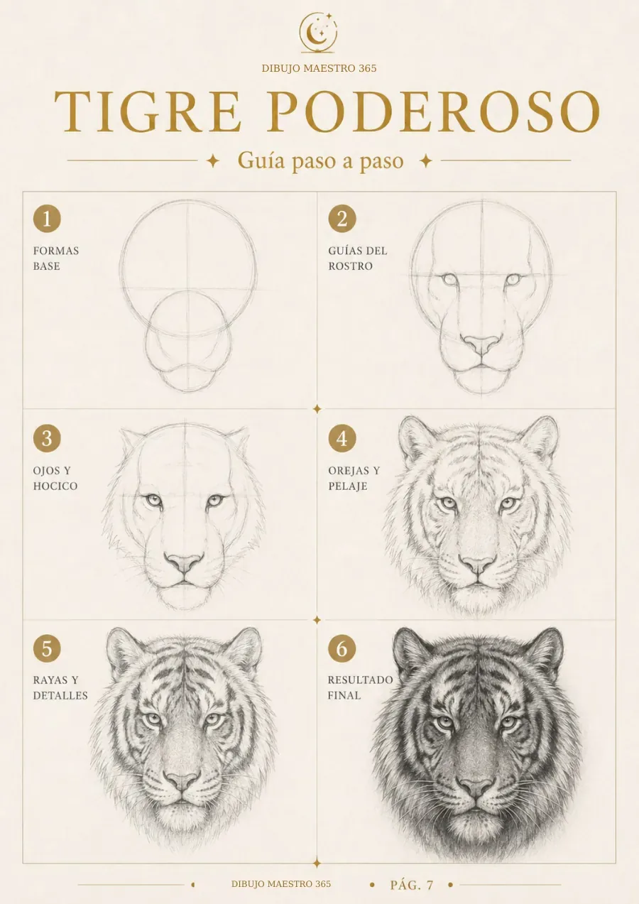 Página real del PDF: un tigre desde las formas básicas hasta el pelaje y sombreado.