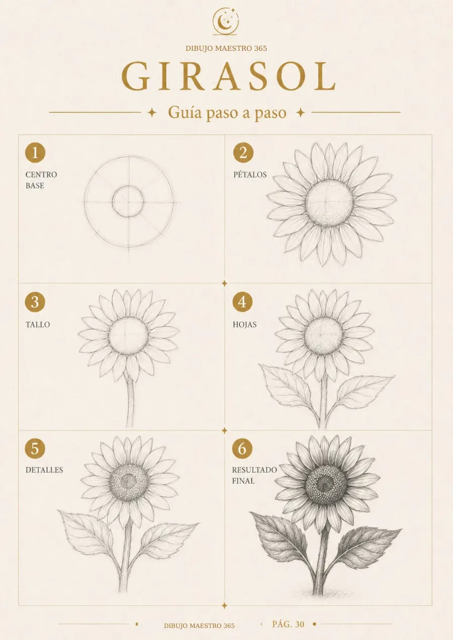 Página real del PDF: un girasol desde el boceto hasta los detalles.