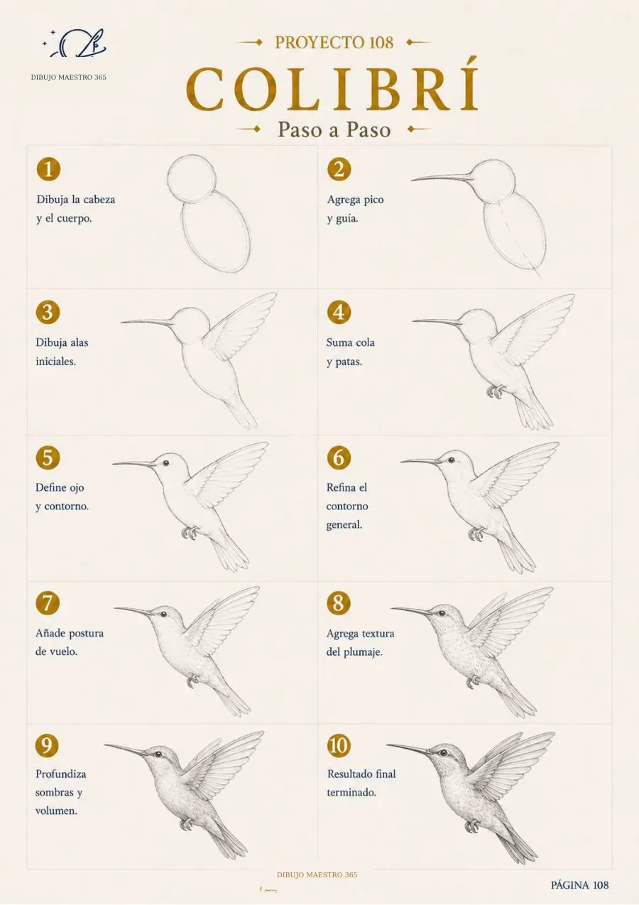 Página real del PDF: un colibrí en diferentes etapas de dibujo.